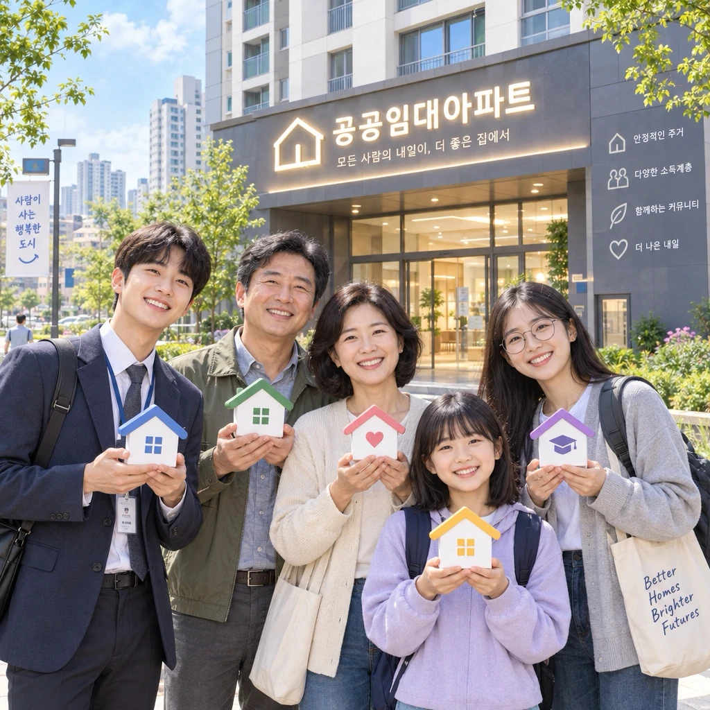 다양한 계층이 함께 서 있는 신축 임대주택 외관