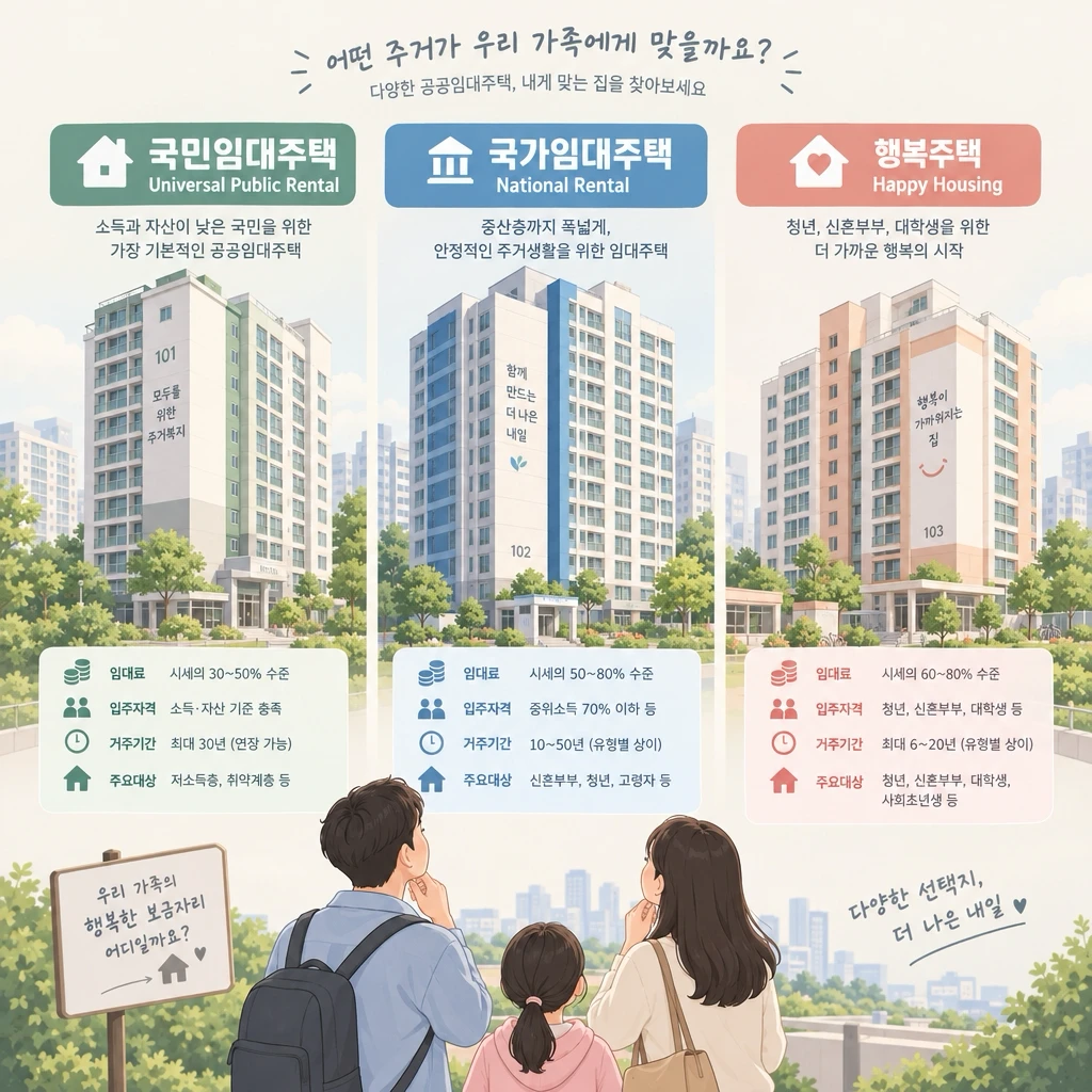 보편형·국민임대·행복주택 3개 단지 나란히 가족이 비교하는 장면