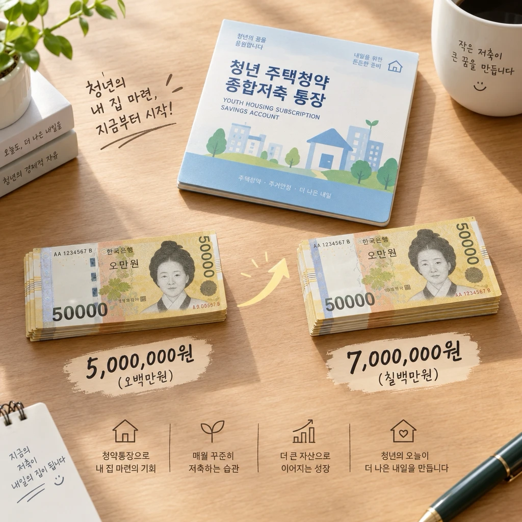 ,000만 원 → 7,000만 원으로 늘어나는 모습을 돈과 통장 일러스트로 표현