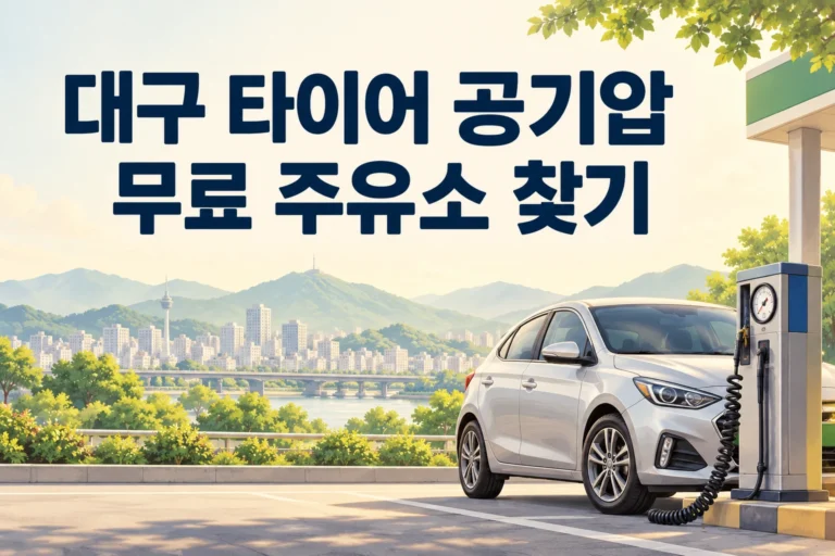 대구 타이어 공기압 무료 주유소 찾기 문구와 자동차·공기 주입기 일러스트