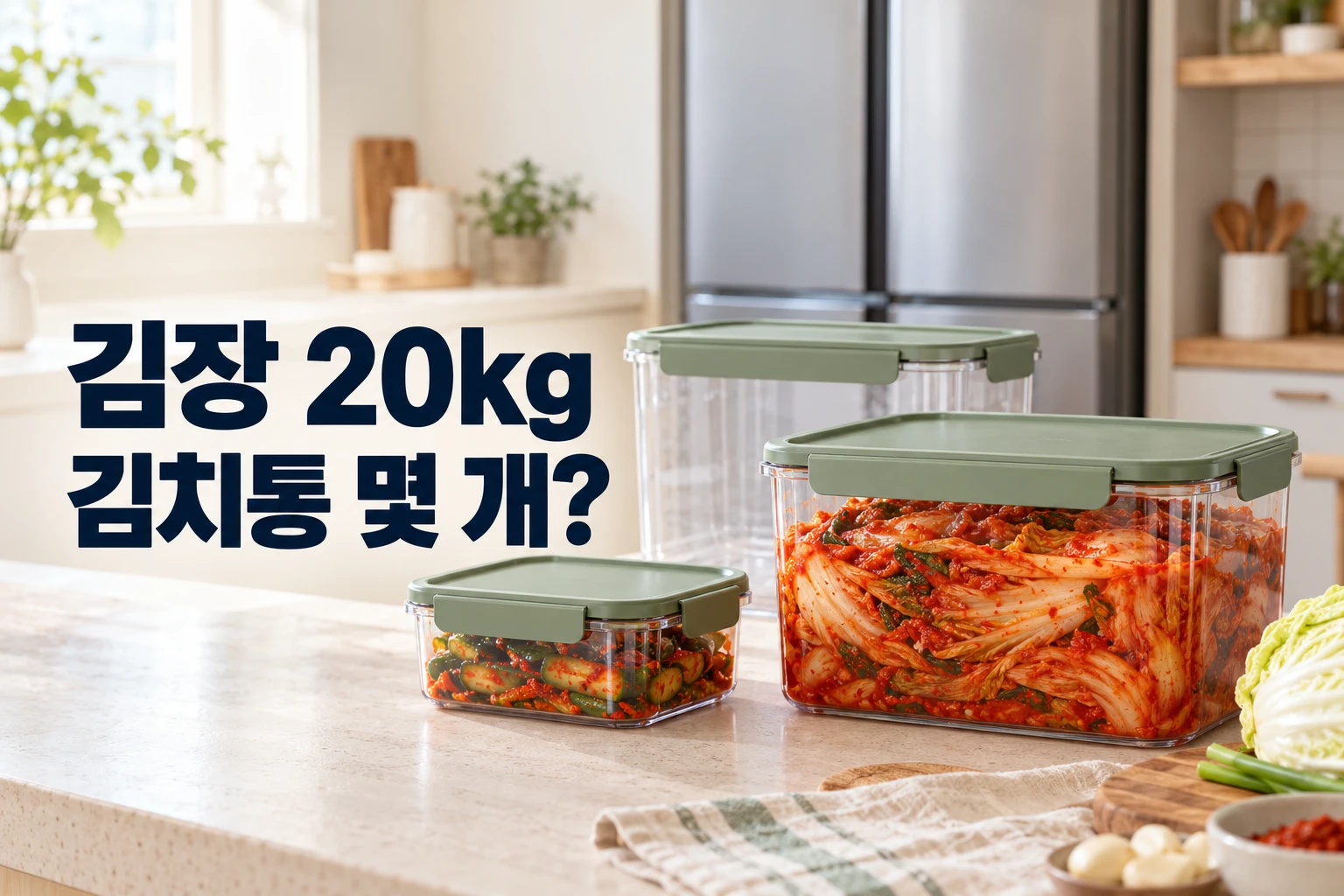 크기가 다른 김치 용기 옆에 김장 20kg 김치통 몇 개 문구가 있는 썸네일