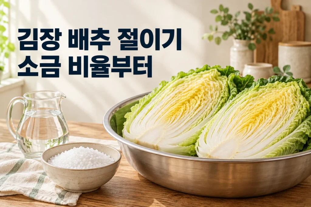 배추와 소금, 물 주전자 옆에 김장 배추 절이기 소금 비율부터 문구가 있는 썸네일