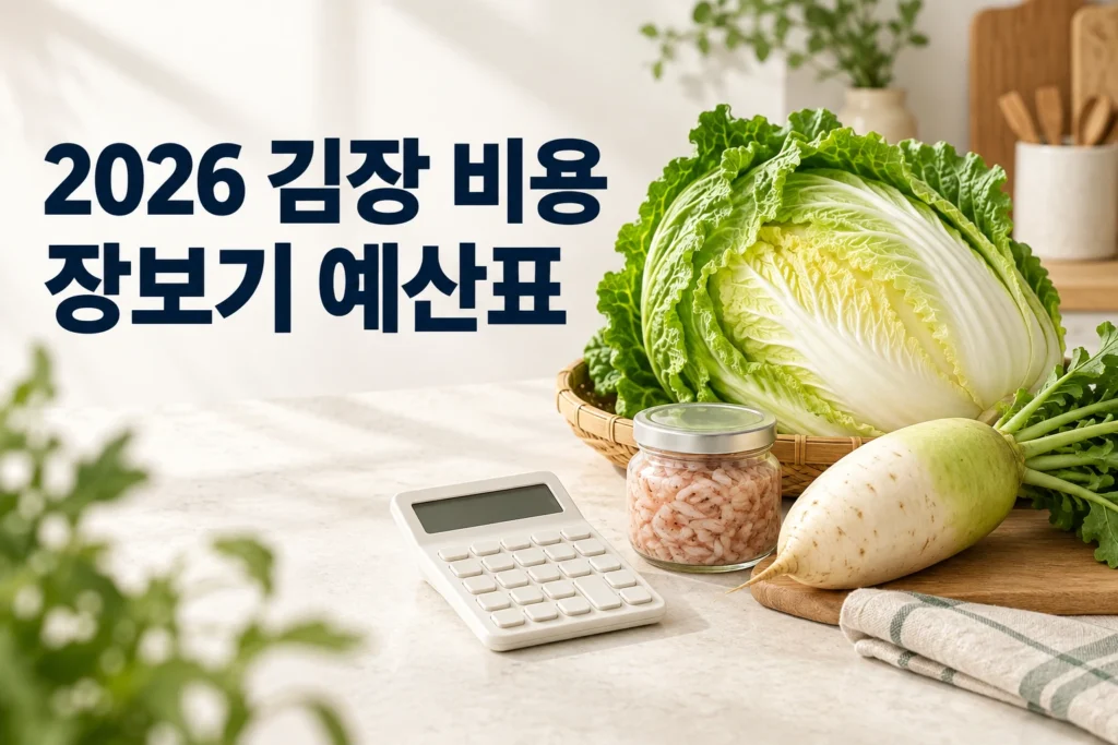 배추와 무, 새우젓, 계산기 옆에 2026 김장 비용 장보기 예산표 문구가 있는 썸네일