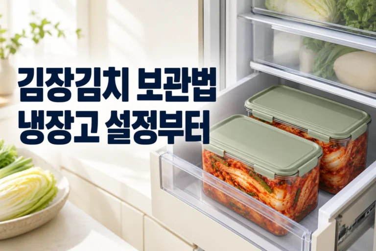 김치 용기가 담긴 냉장고 옆에 김장김치 보관법 냉장고 설정부터 문구가 있는 썸네일