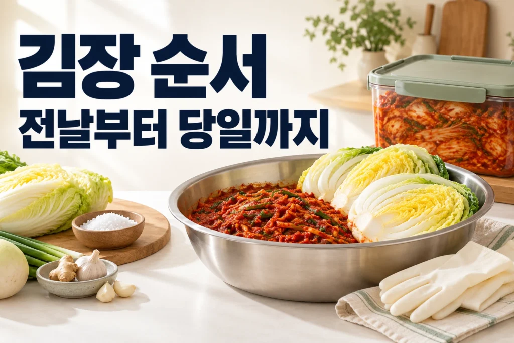 김장 배추와 양념, 김치통 옆에 김장 순서 전날부터 당일까지 문구가 있는 썸네일
