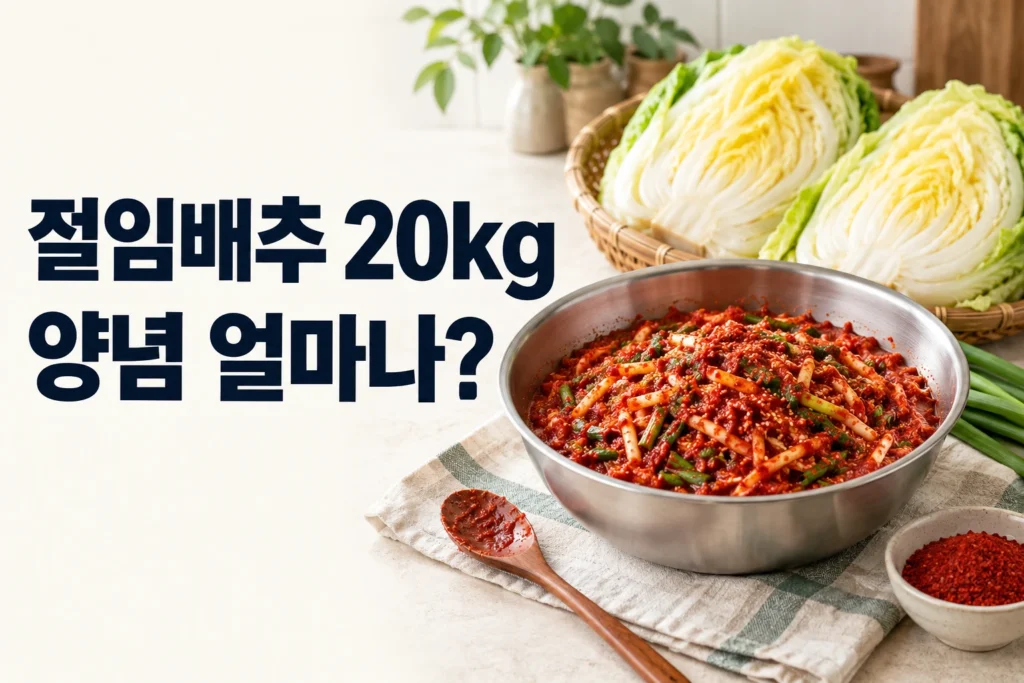 고춧가루와 마늘, 생강, 젓갈, 풀, 무채와 푸른잎 채소를 나눠 담은 모습