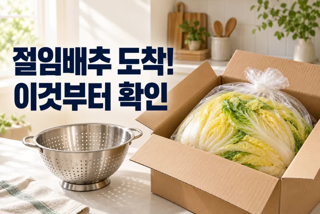 절임배추 배송 상자와 채반 옆에 절임배추 도착 이것부터 확인 문구가 있는 썸네일
