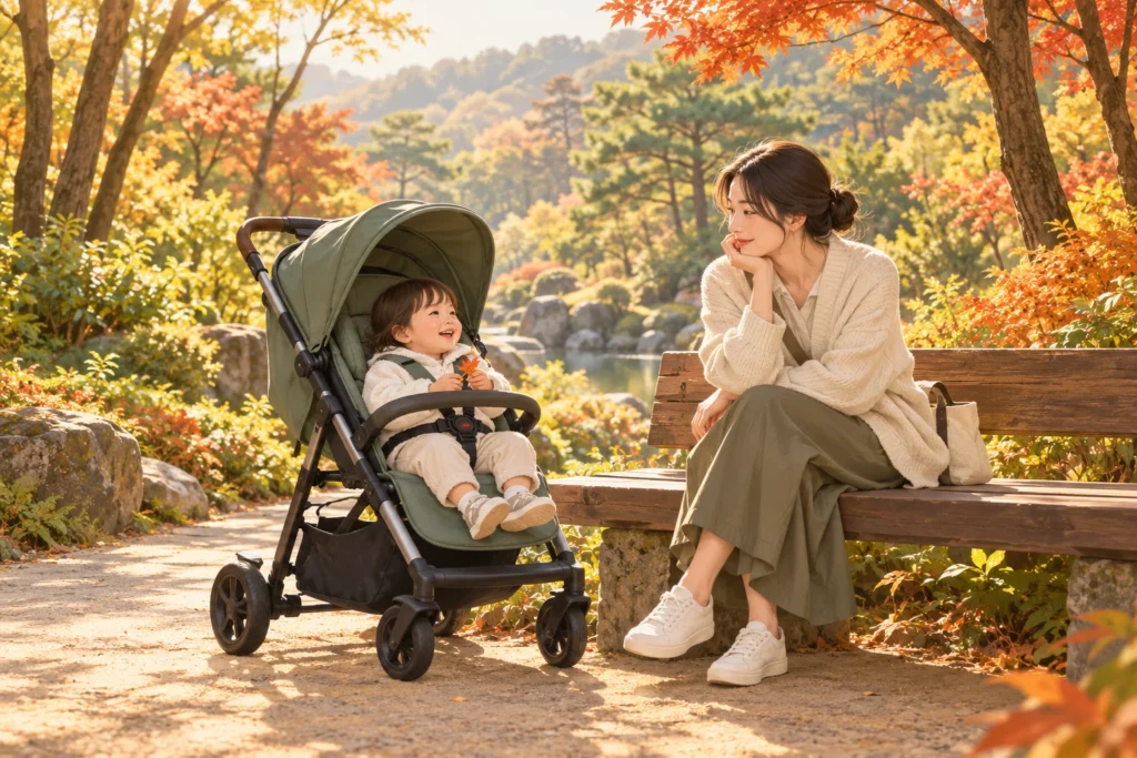유모차와 함께 숲길 쉼터에서 휴식하는 부모