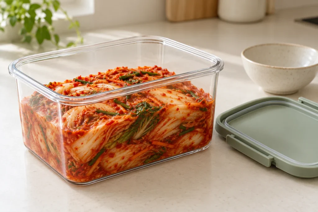 김치를 용기 가장자리 아래까지 담아 위쪽에 여유를 둔 모습