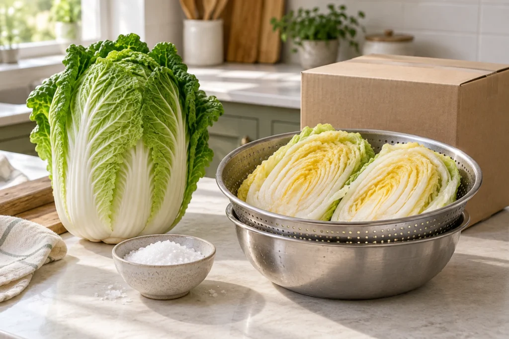 생배추와 소금 그릇 옆에 절임배추를 담은 채반과 배송 상자가 놓인 모습