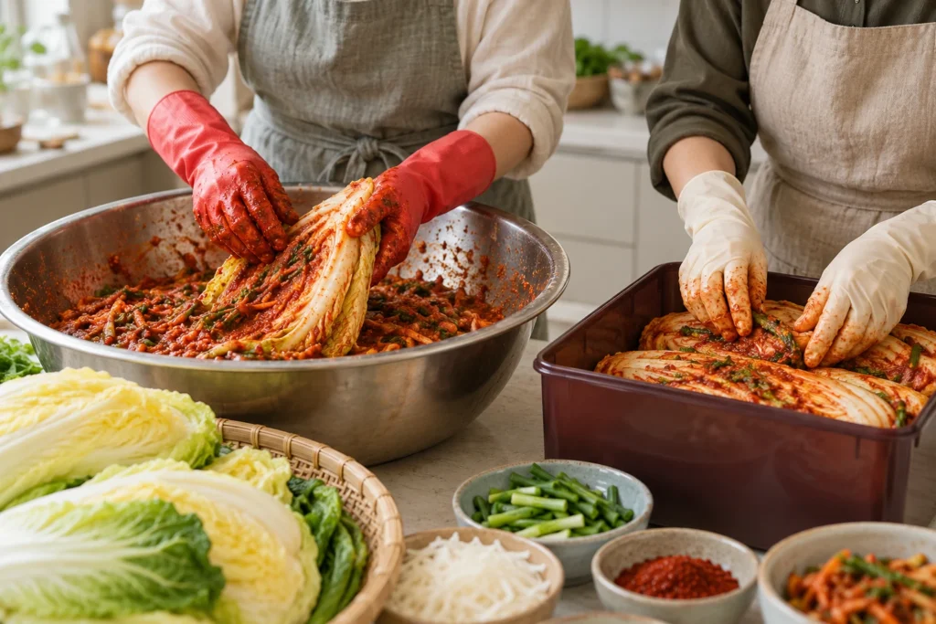 장갑을 낀 두 사람이 배추에 양념을 넣고 김치통에 나누어 담는 모습