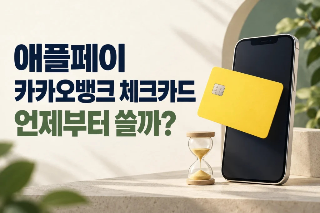 스마트폰과 노란 체크카드, 모래시계 옆에 애플페이 이용 시점을 묻는 문구