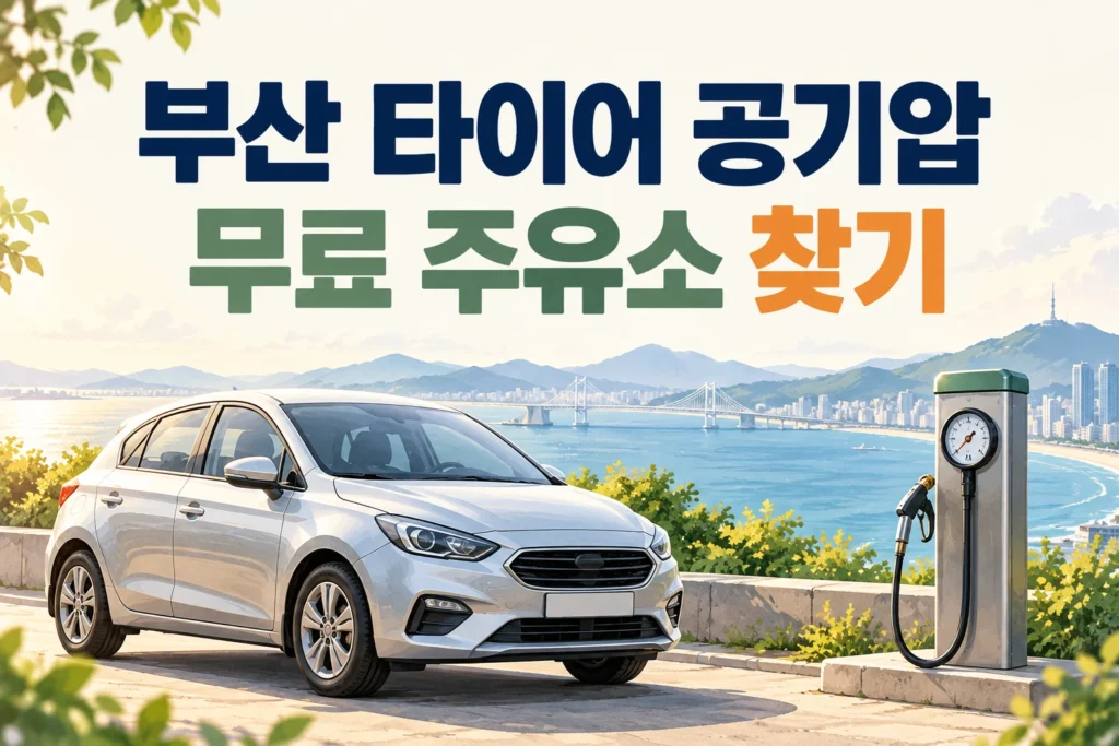 부산 타이어 공기압 무료 주유소 찾기 문구와 자동차·공기 주입기 일러스트. 아이보리·세이지, 네이비 제목, 은은한 해안 배경