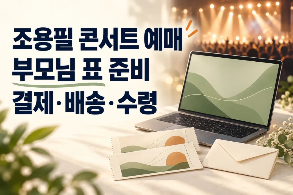 조용필 콘서트 예매와 부모님 표 결제·배송·수령 안내 문구, 노트북과 티켓 일러스트