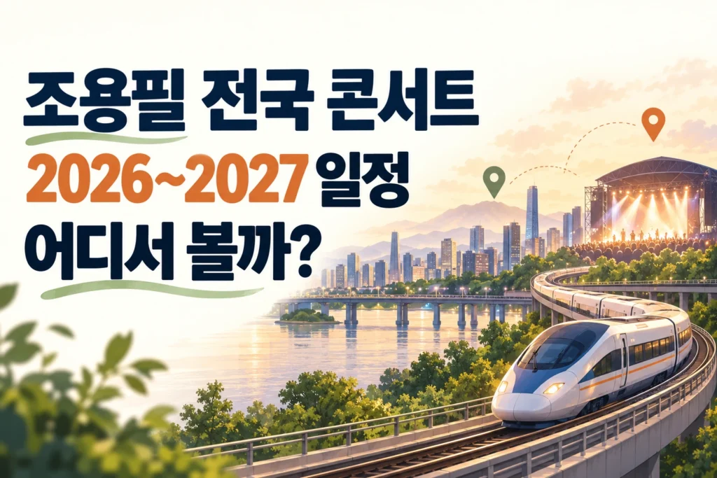 조용필 전국 콘서트 2026~2027 일정 문구와 도시·기차·공연 무대 일러스트
