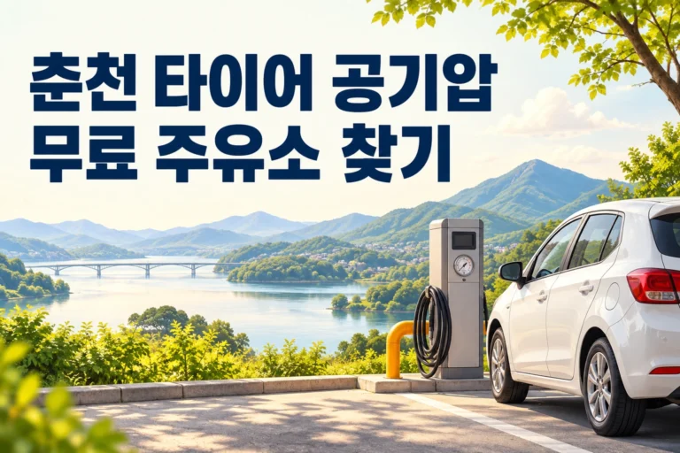 춘천 타이어 공기압 무료 주유소 찾기 문구와 자동차·공기 주입기 일러스트