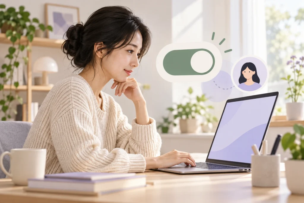 노트북 옆 개인 계정과 설정 스위치를 살펴보는 이용자 일러스트