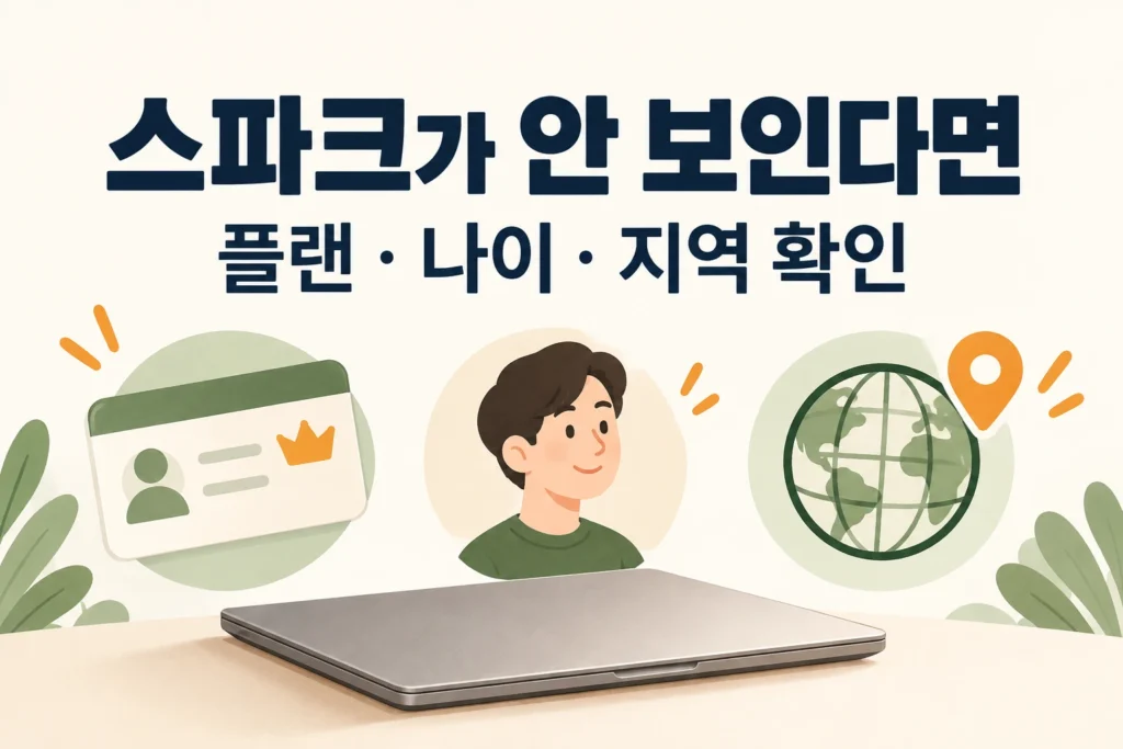 노트북과 구독 카드·성인 프로필·지구본으로 표현한 스파크 이용 조건