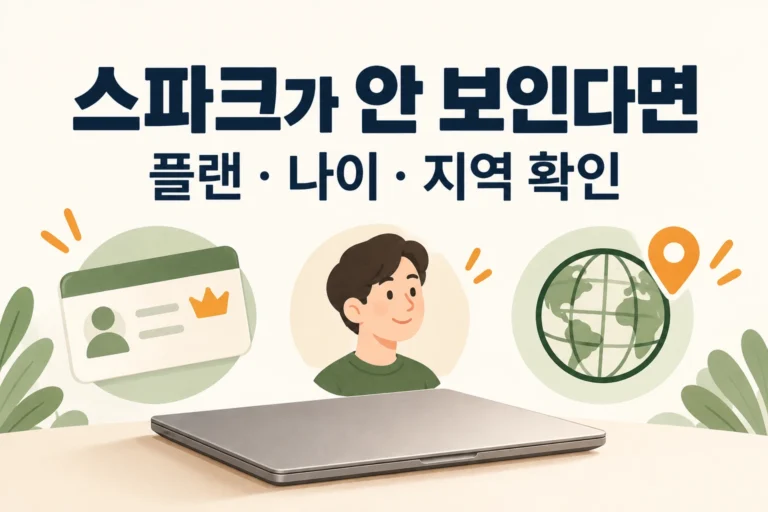 노트북과 구독 카드·성인 프로필·지구본으로 표현한 스파크 이용 조건