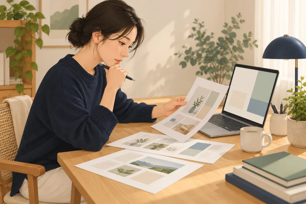 노트북 옆에서 인쇄 문서를 비교하는 사람