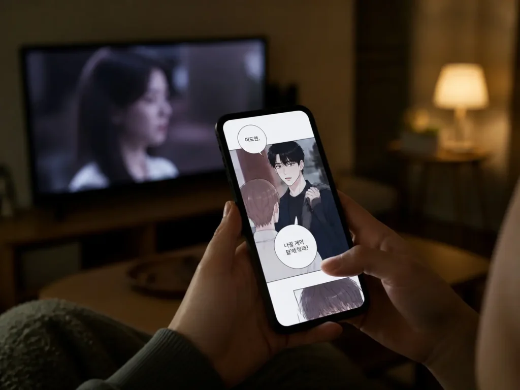 스마트폰으로 웹툰을 보다가 드라마로 이어지는 장면