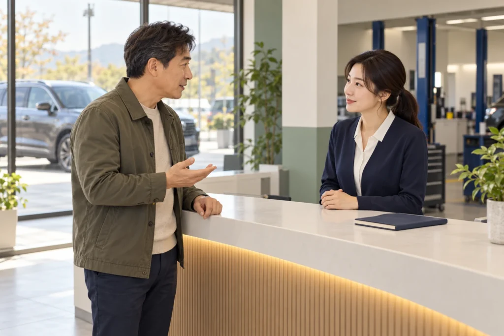 자동차 정비소 데스크에서 남자고객이 프런트 직원과 이야기를 나누는 모습