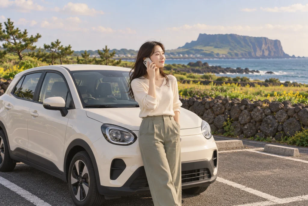 제주도 여행을 하고 있는 젊은 여성이 자신의 차량에서 전화하고 있는 모습