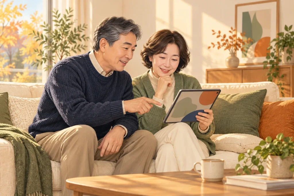 소파에 앉아 태블릿으로 외출 계획을 함께 살펴보는 중장년 부부