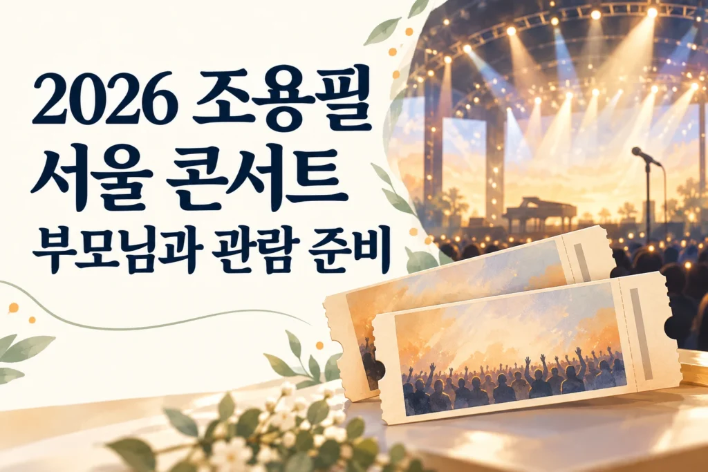 2026 조용필 서울 콘서트 부모님과 관람 준비 문구와 무대·티켓 일러스트